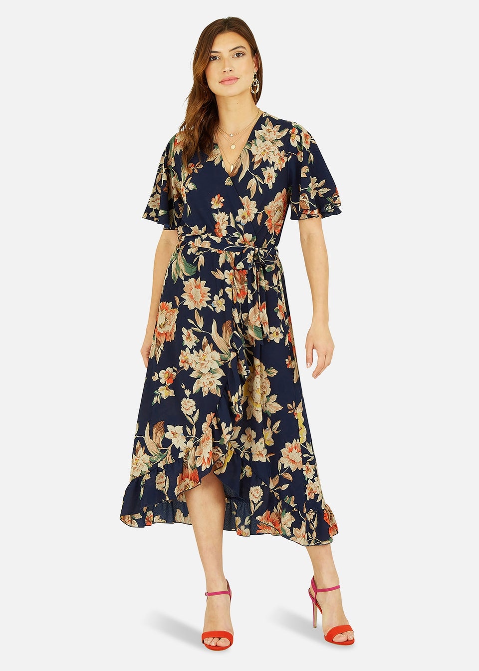 Mela Navy Winter Floral Wrap Midi Dress - Matalan