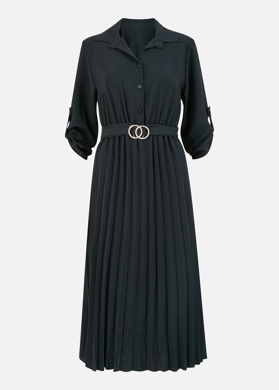 Mela Black Pleated Skirt Midi Belted Shirt Dress