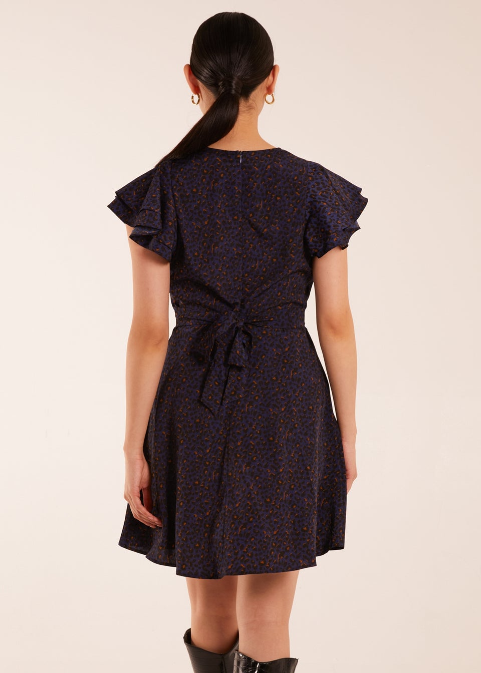 Blue Vanilla Leopard Print Wrap Ruffle Mini Dress