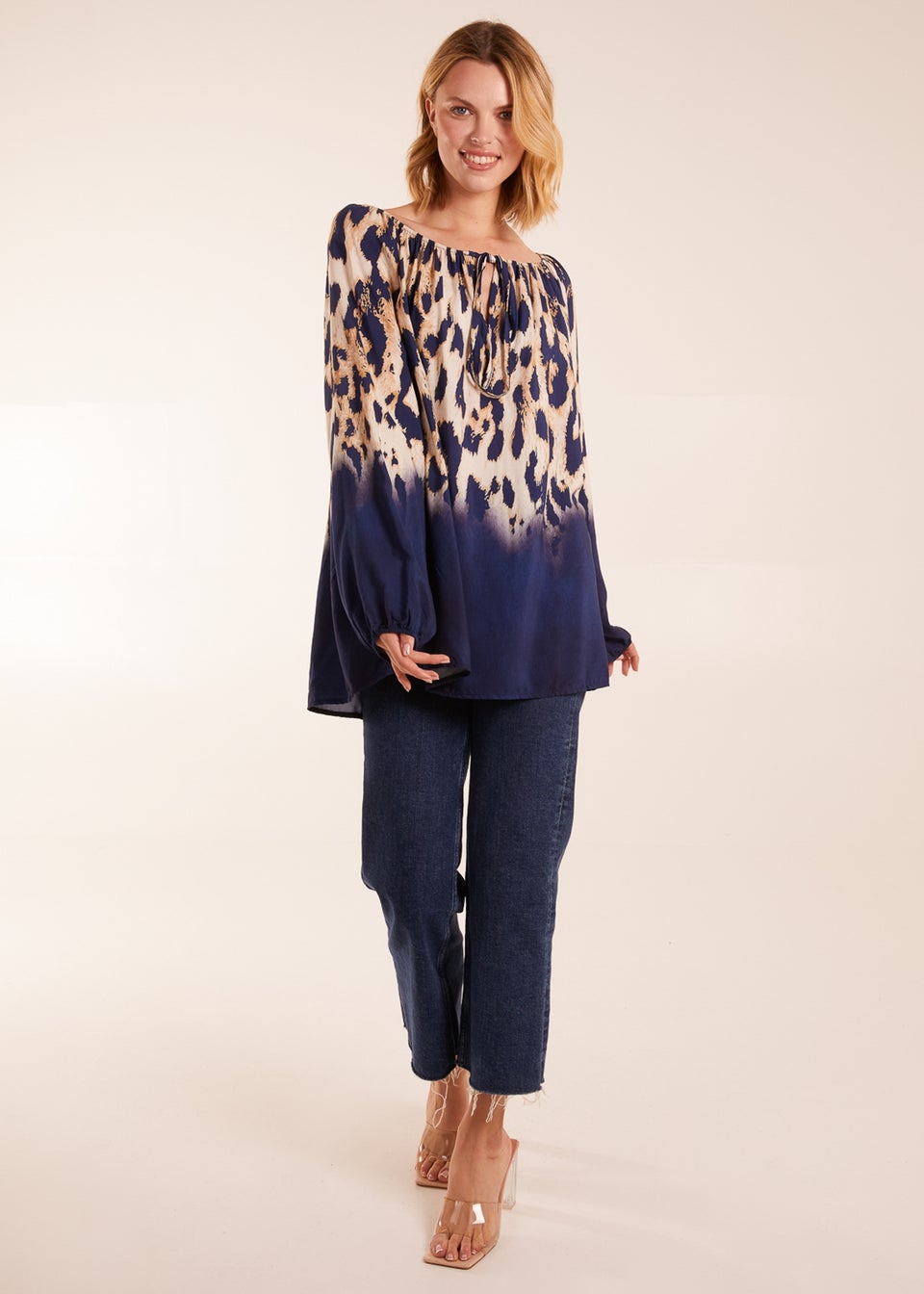 Blue Vanilla Bardot Leopard Print Wide Sleeve Top