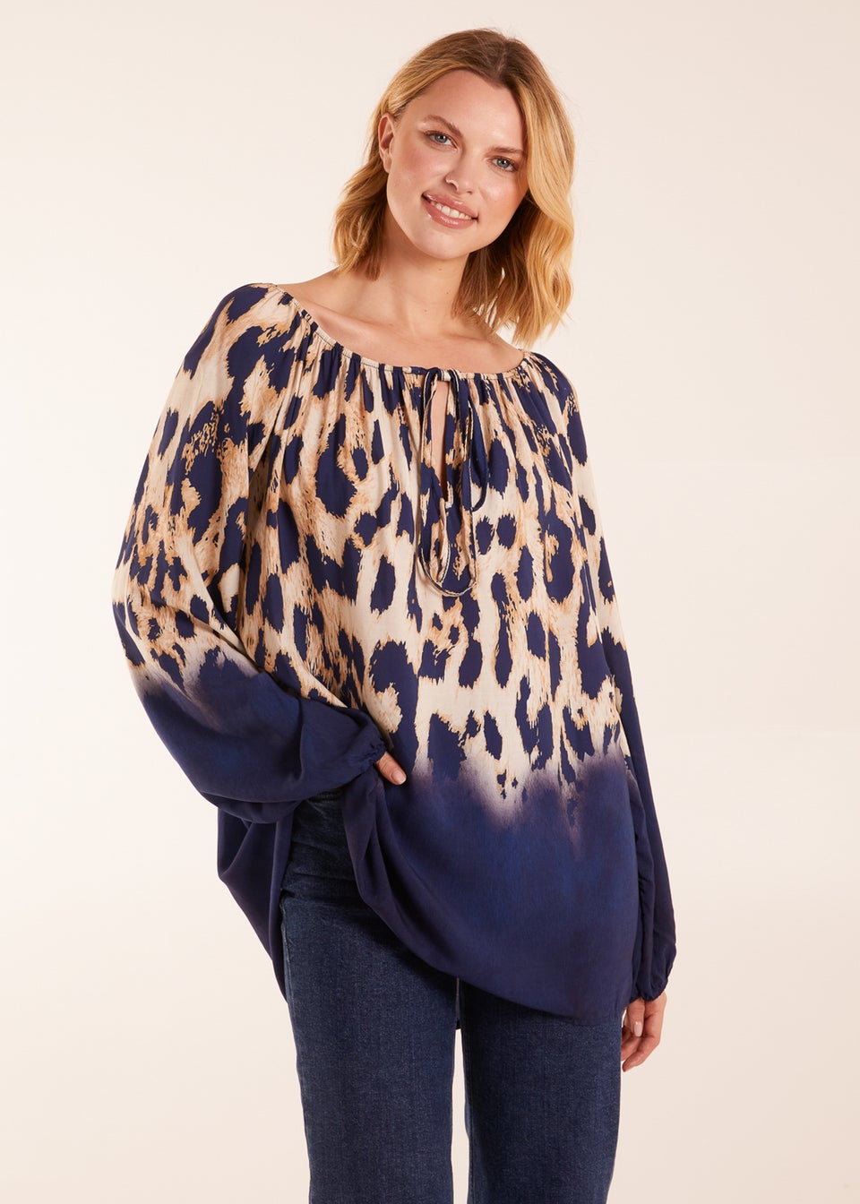 Blue Vanilla Bardot Leopard Print Wide Sleeve Top