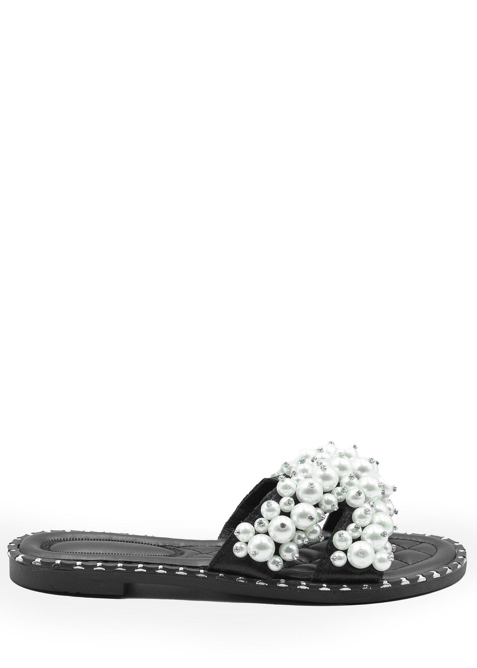 Where's That From Black Eve Pearl Embellished Flat Slider Sandals