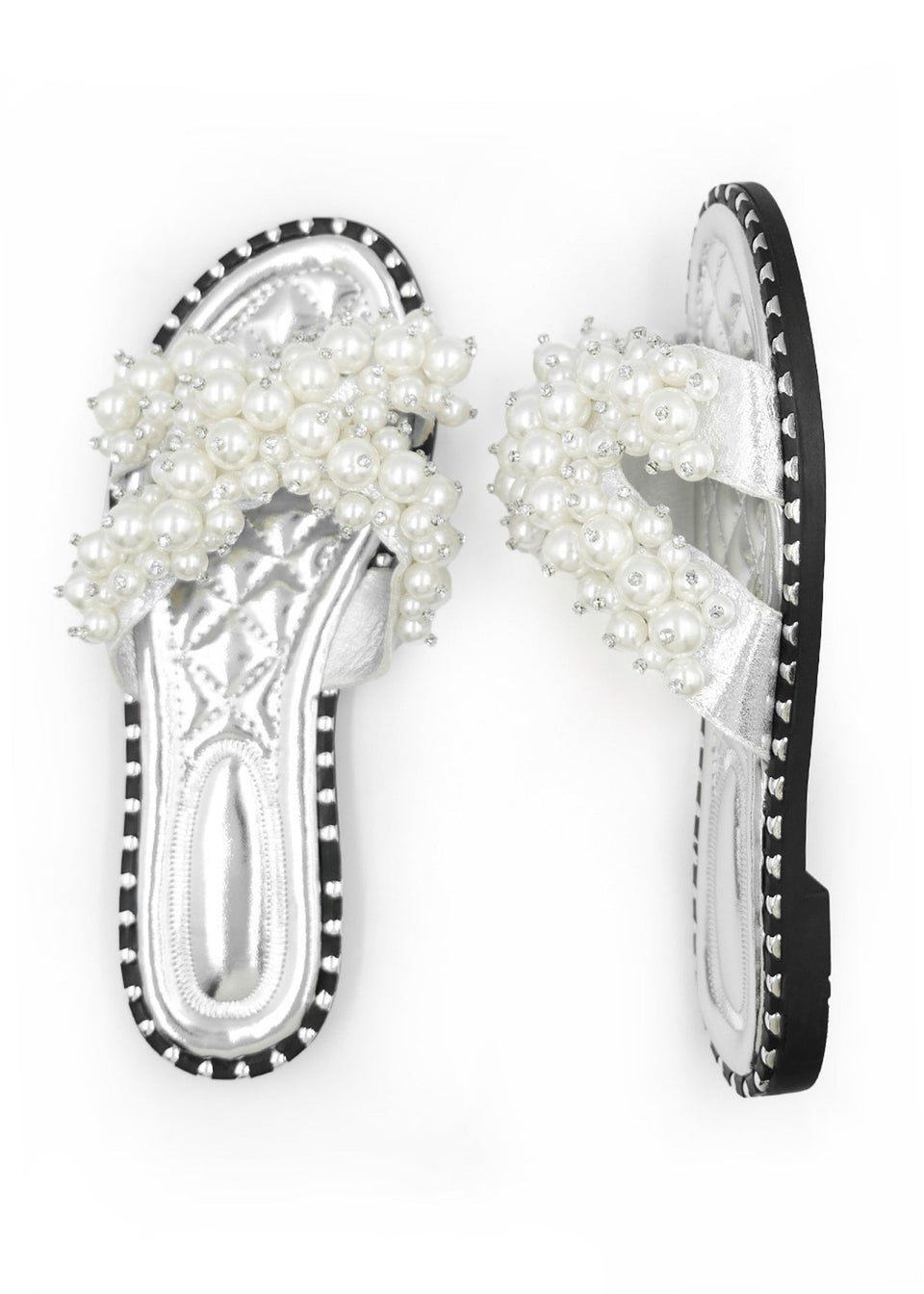 Where's That From Silver Eve Pearl Embellished Flat Slider Sandals