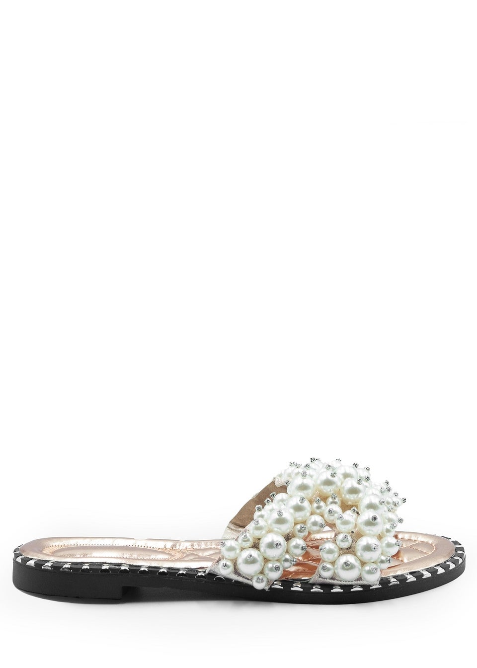 Where's That From Rose Gold Eve Pearl Embellished Flat Slider Sandals ...