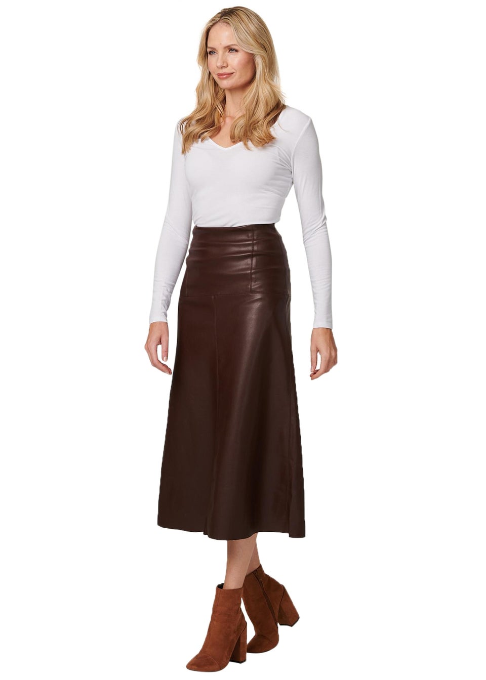 Izabel London Brown Faux Leather High Waist Midi Skirt