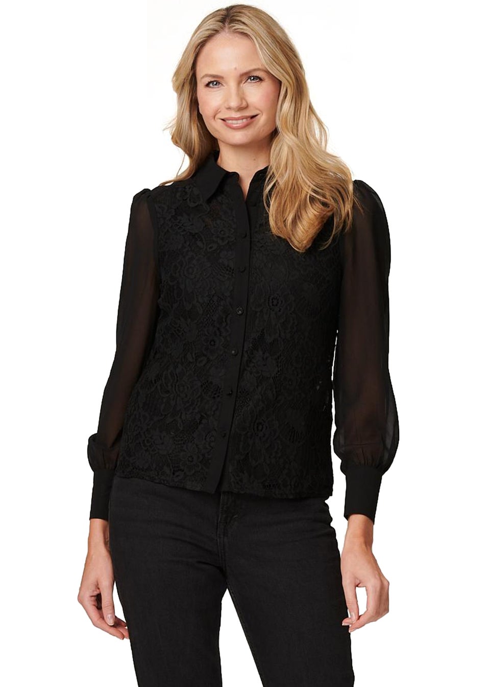 Lace Blouse Puff Long Sleeve Shirt Izabel London Black Lace Detail