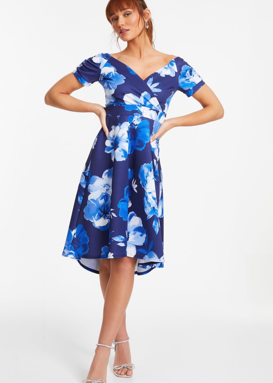 Quiz Blue Floral Bardot Dip Hem Midi Dress