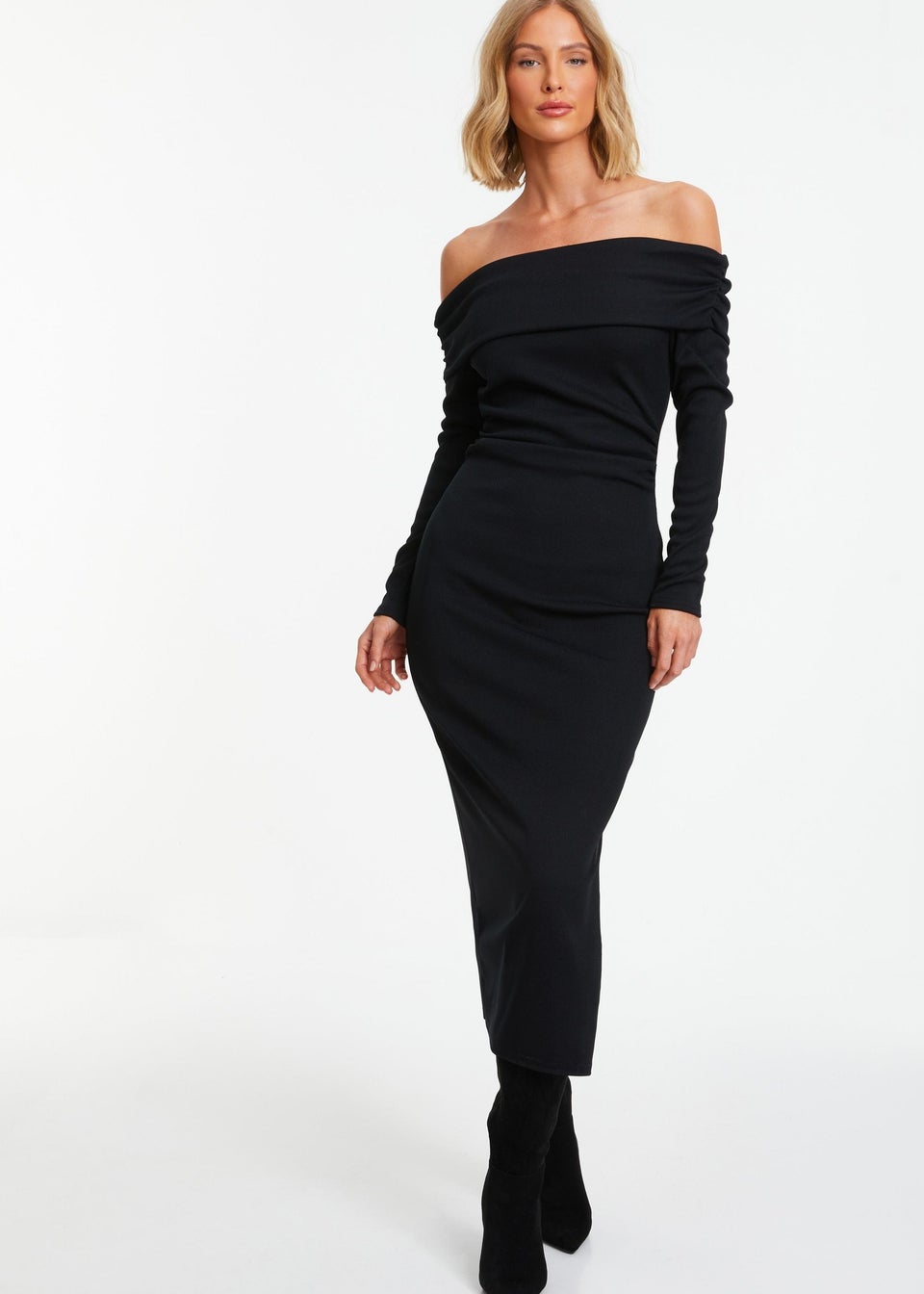 Quiz Black Ribbed Bardot Bodycon Midi Dress