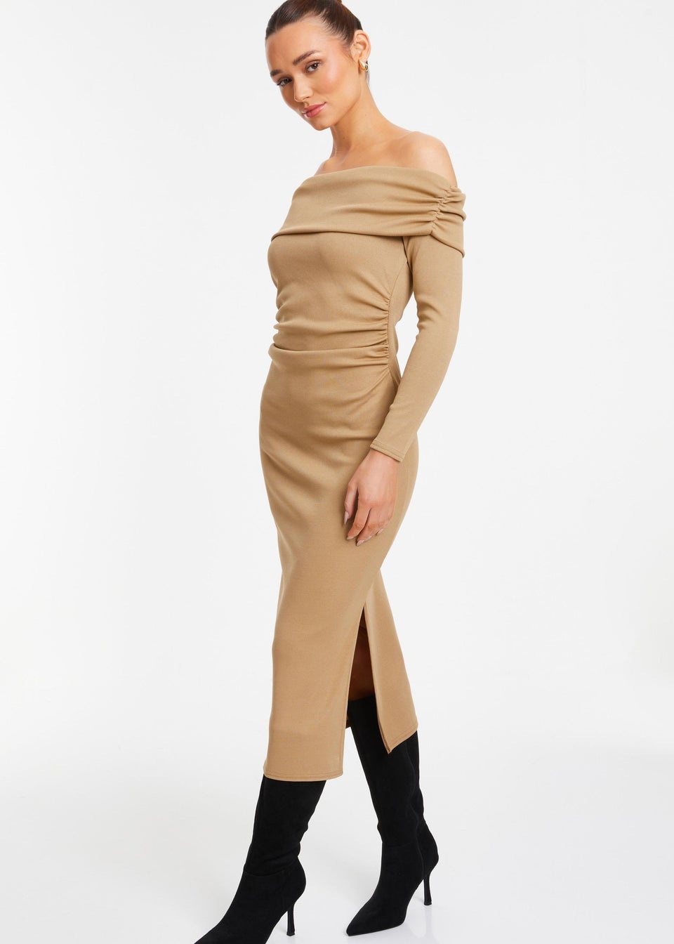 Quiz Beige Ribbed Bardot Bodycon Midi Dress