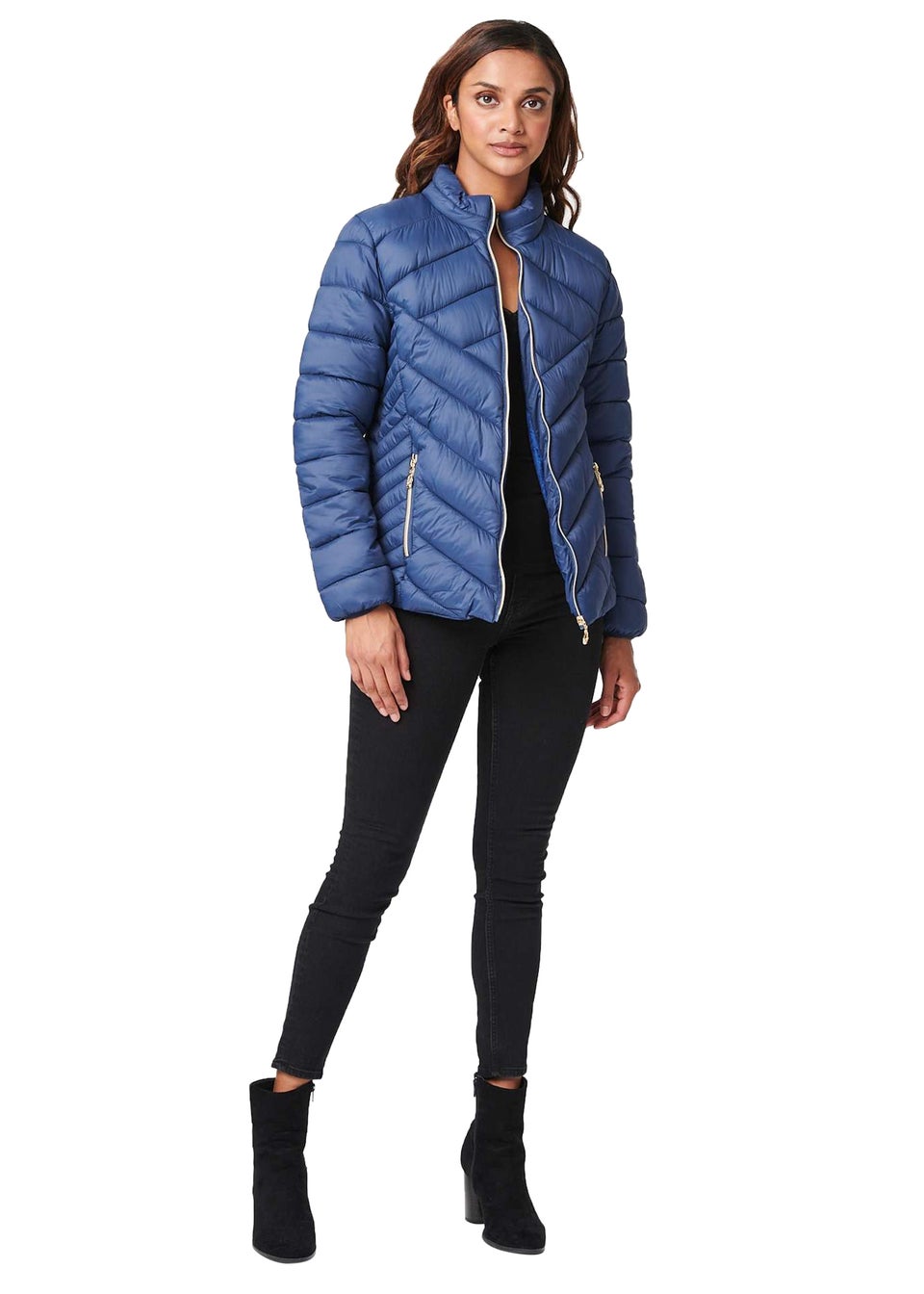Izabel London Navy High Neck Zip Front Puffer Jacket