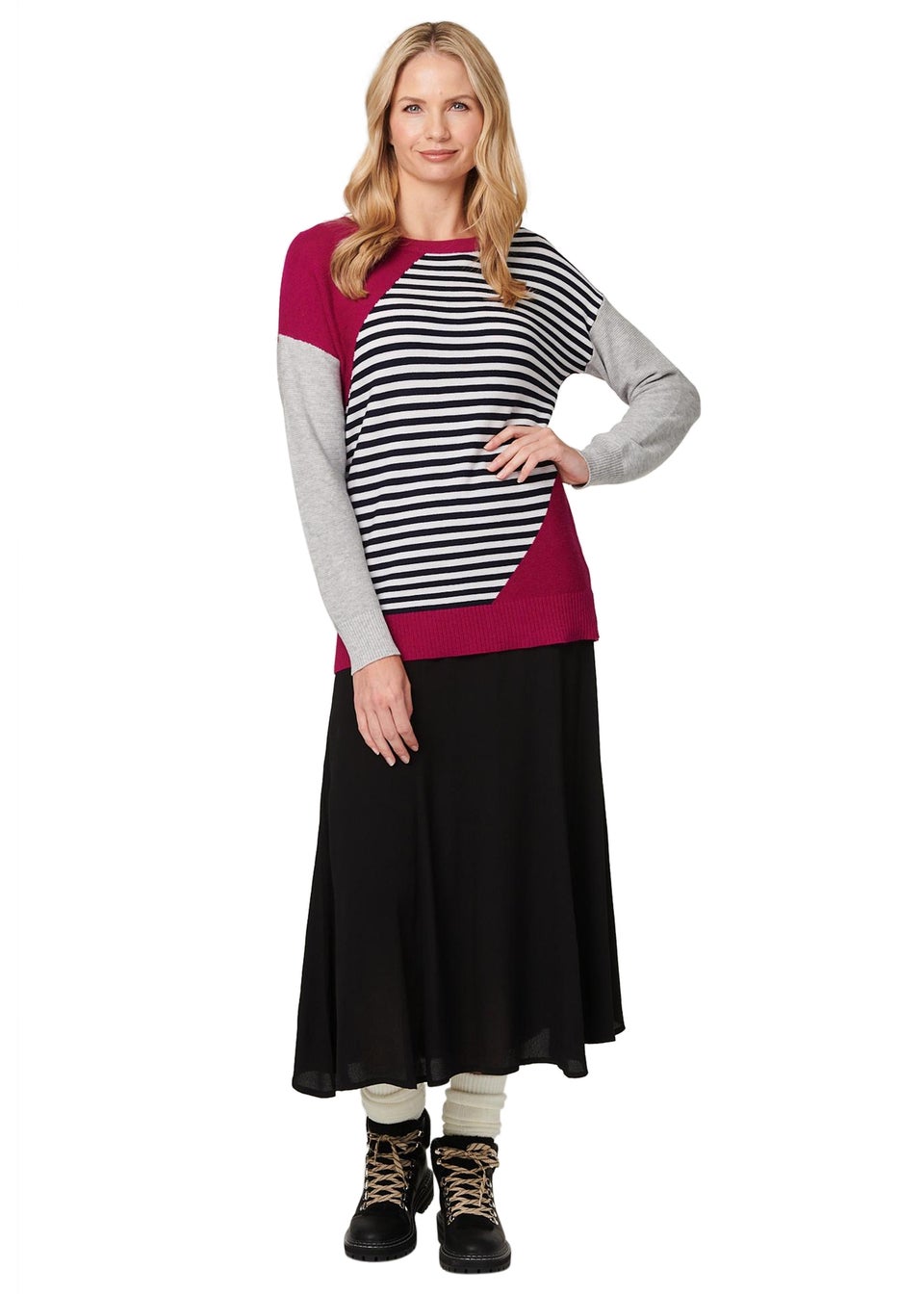 Izabel London Pink Striped Colour Block Knit Jumper