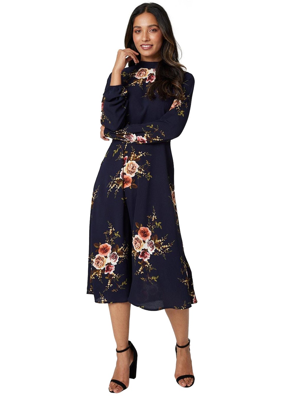 Izabel London Navy Vintage Floral High Neck Dress