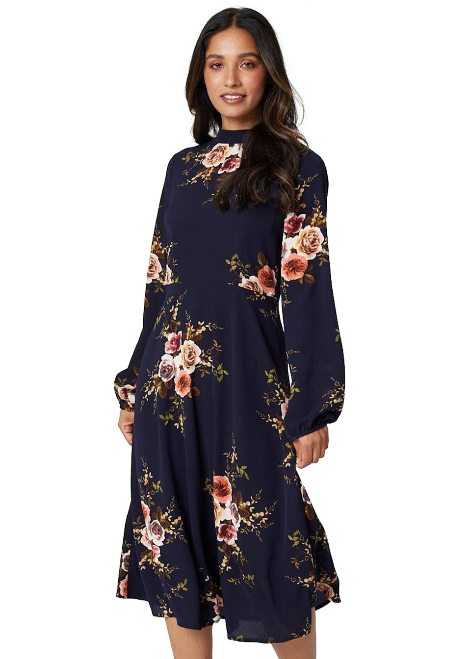 Izabel London Navy Vintage Floral High Neck Dress