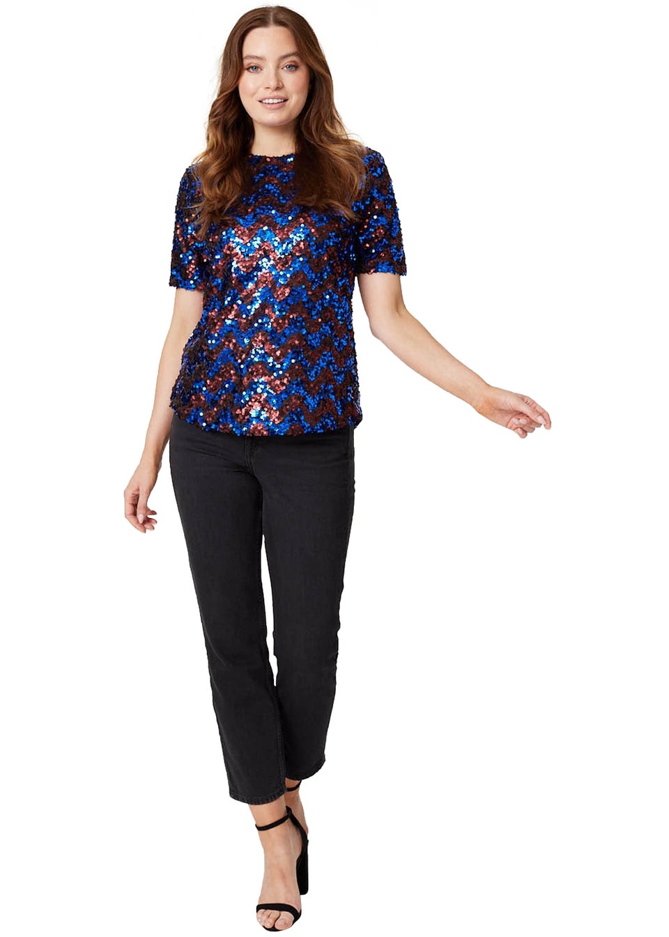 Izabel London Navy Sequin Short Sleeve Fitted Top