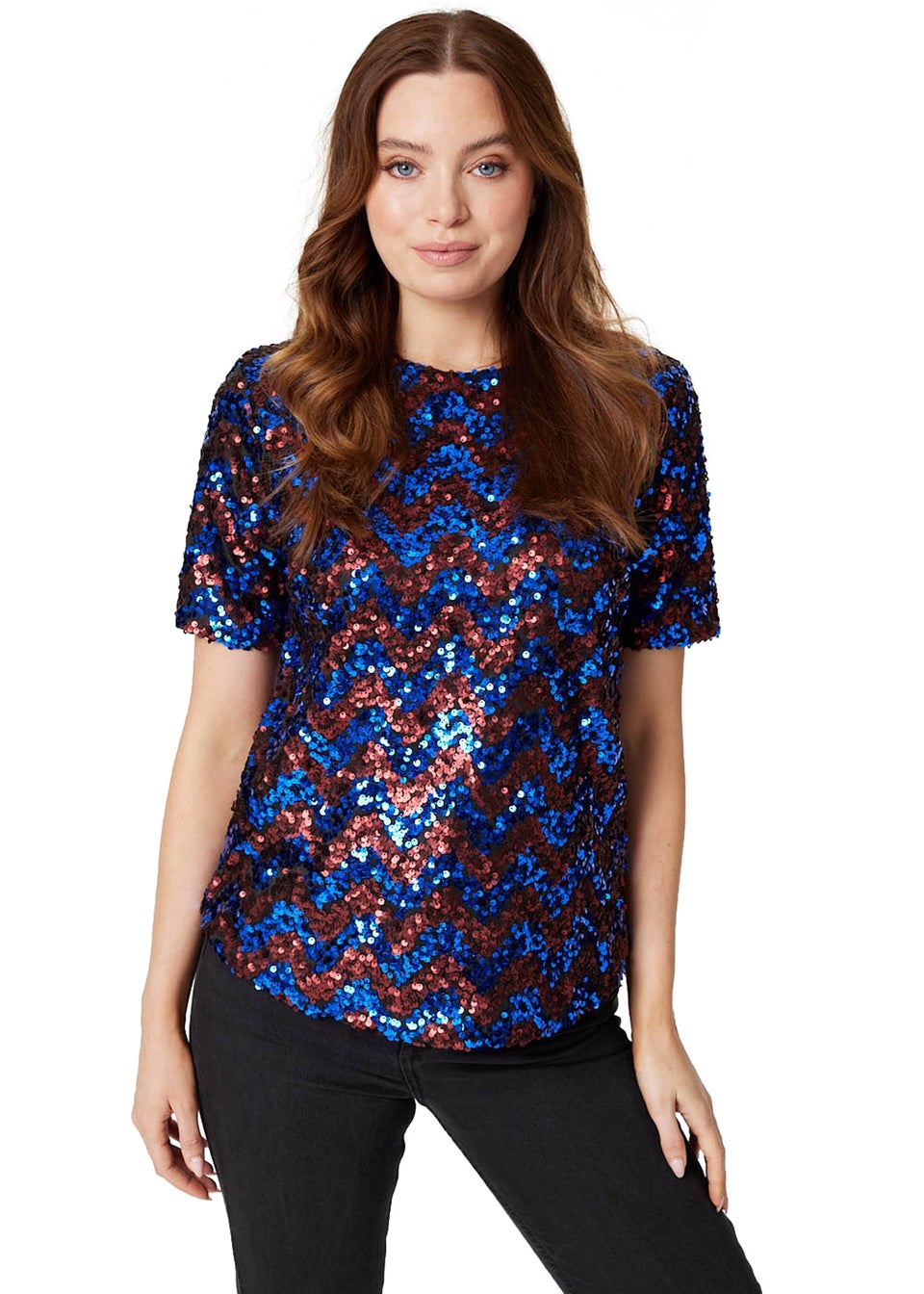 Izabel London Navy Sequin Short Sleeve Fitted Top