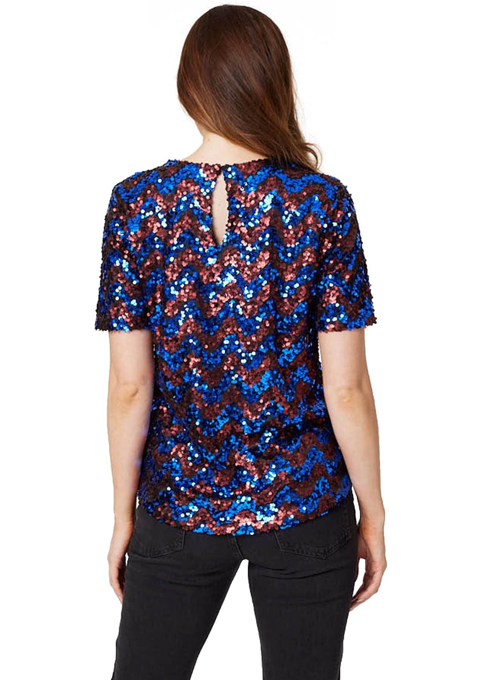 Izabel London Navy Sequin Short Sleeve Fitted Top