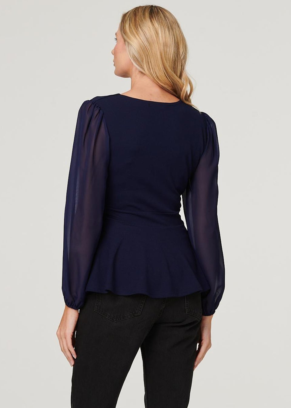 Izabel London Navy Sheer Sleeve Wrap Front Blouse