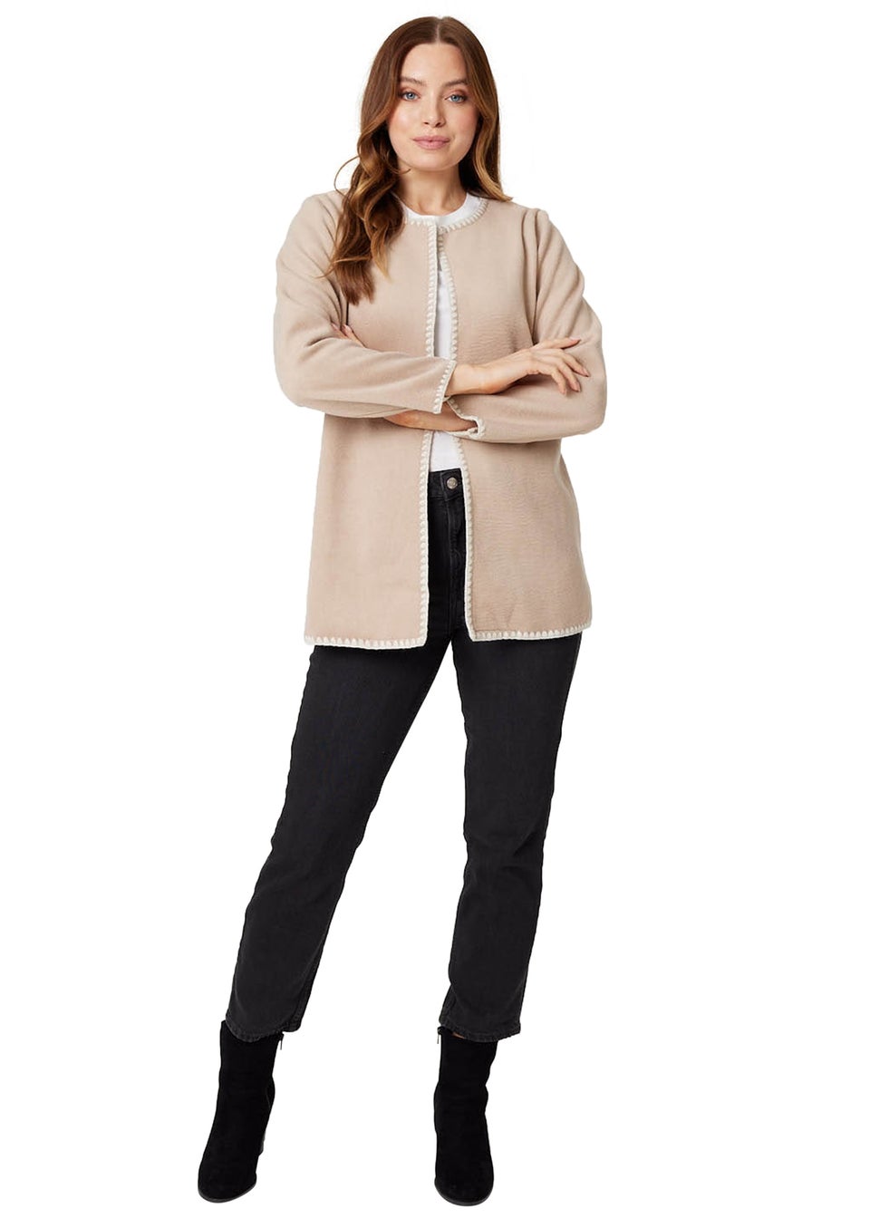 Izabel London Brown Blanket Stitch Open Front Coat