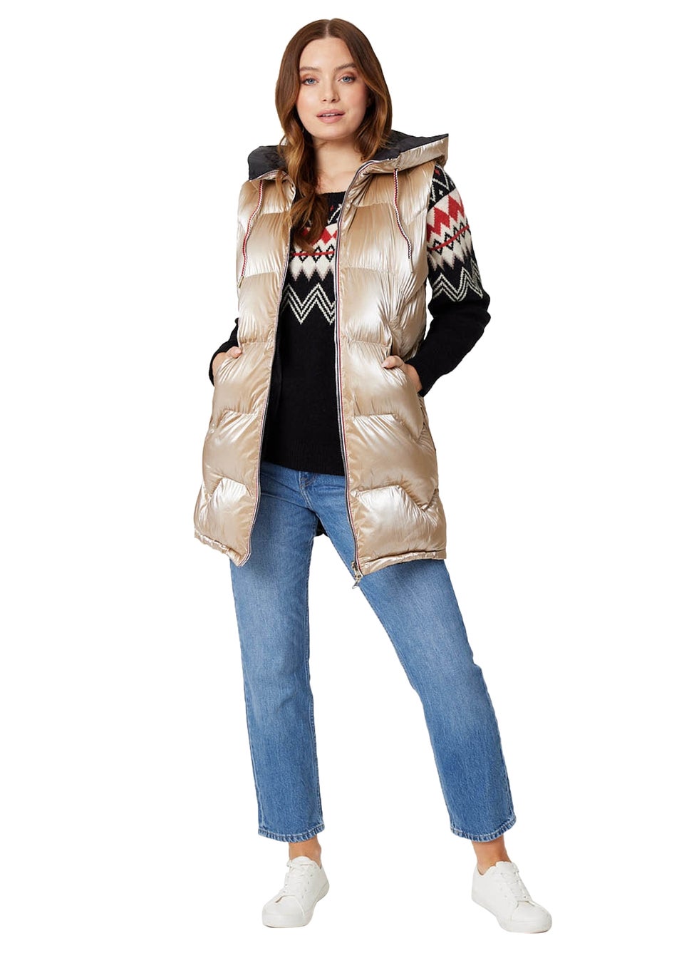 Izabel London Gold Zip Pocket Hooded Puffer Vest