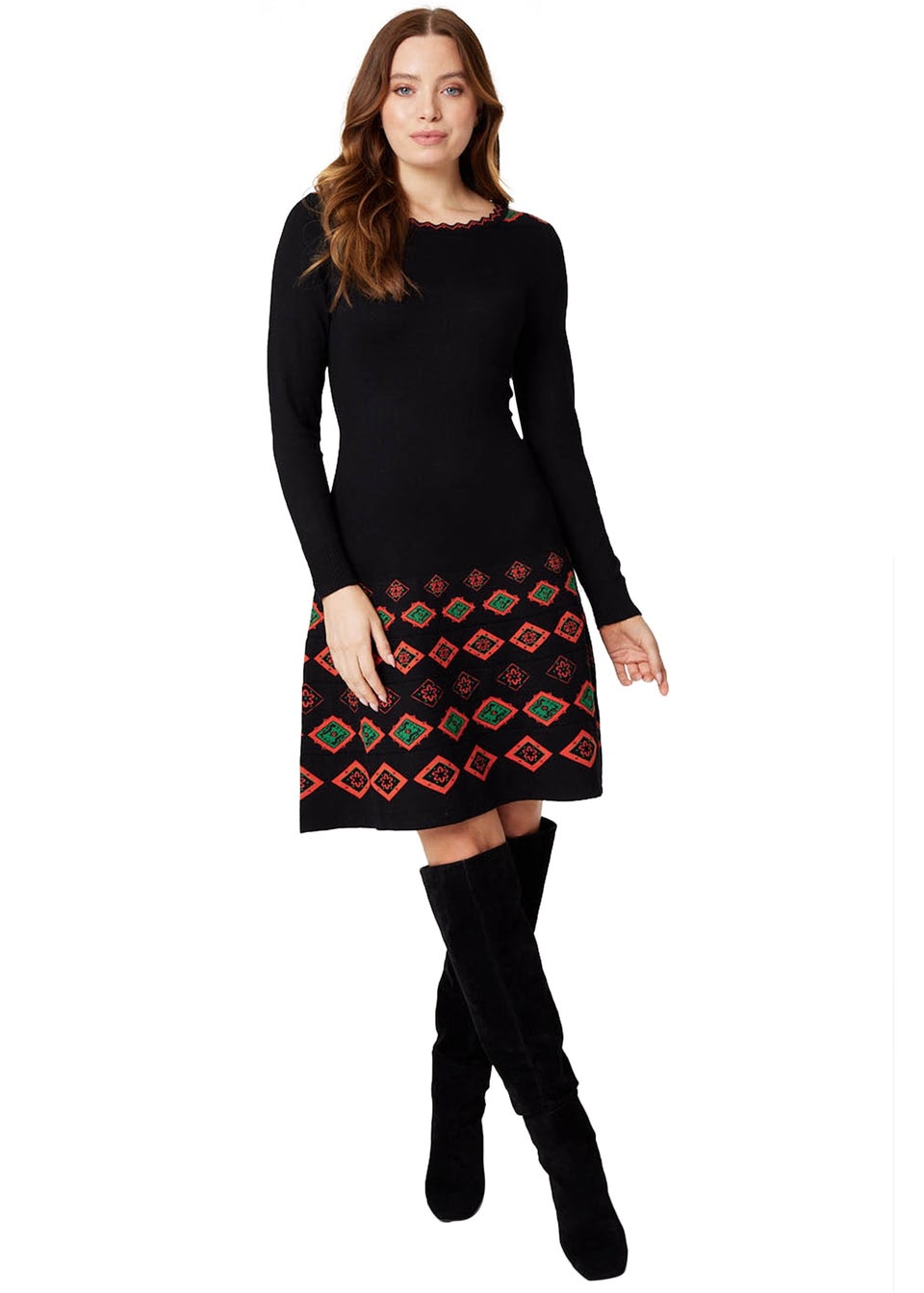 Izabel London Black Printed Fit & Flare Knit Dress