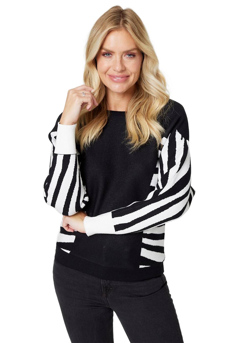 Izabel London Black And White Stripy Colour Block Knit Jumper