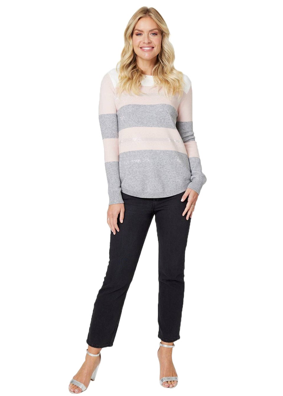 Izabel London Pink Striped Curve Hem Knit Top Matalan