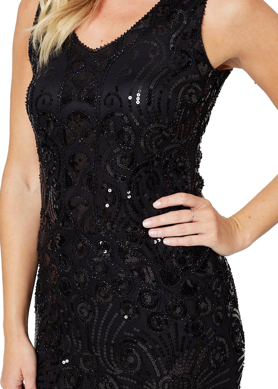Izabel London Black Sequinned Fringe Hem Midi Dress
