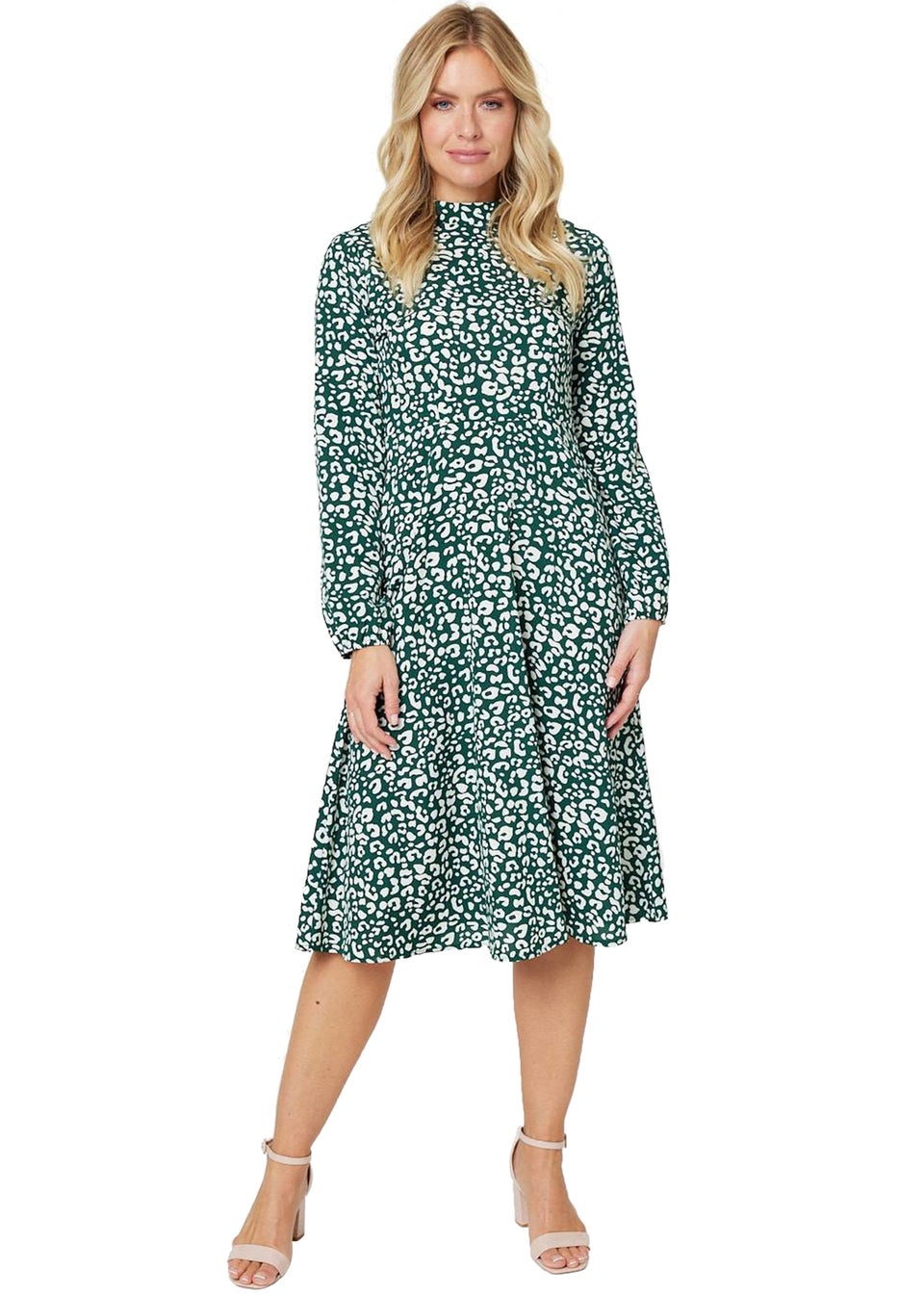 Izabel London Green Leopard Print High Neck Tea Dress