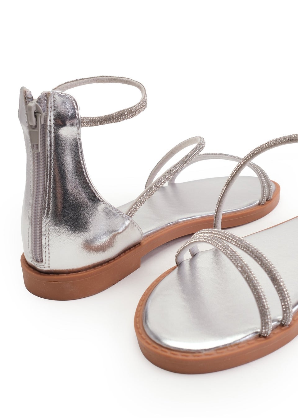 Where's That From Silver Metallic Palmira Diamante Flatform Strappy Sandals