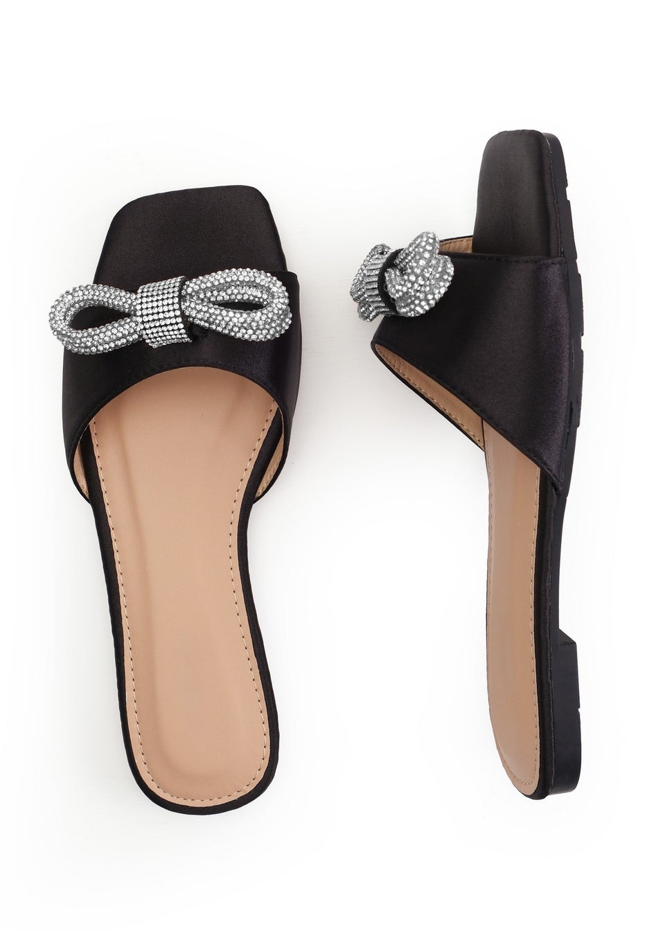 Where's That From Black Satin Abril Square Toe Flatform Sliders