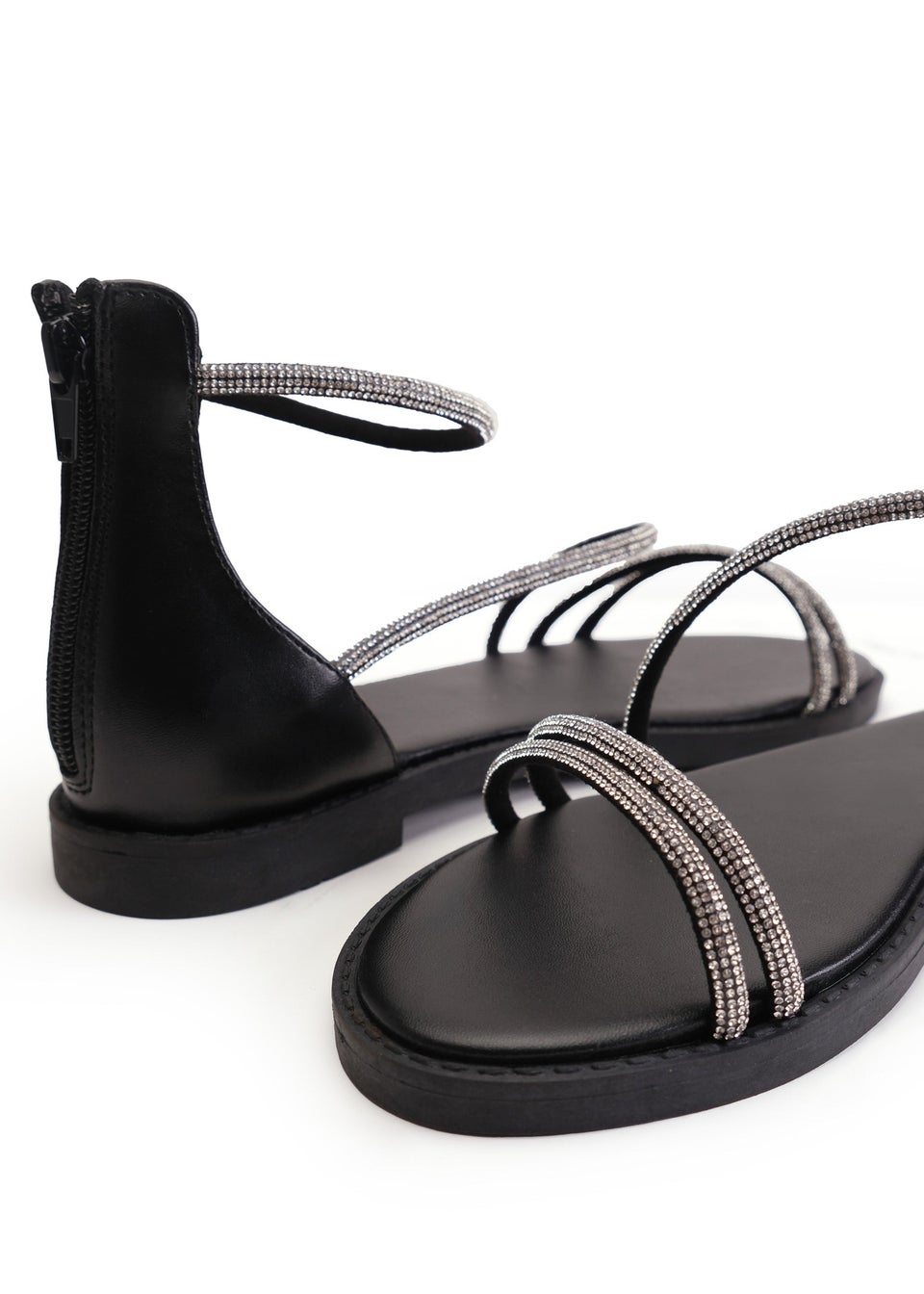 Where's That From Black Pu Palmira Diamante Flatform Strappy Sandals