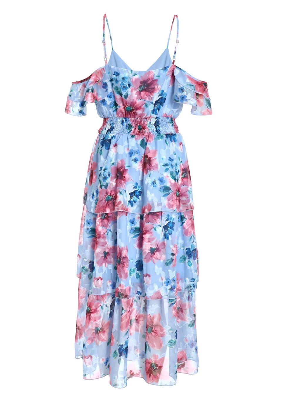 Quiz Blue Floral Chiffon Tiered Midi Dress