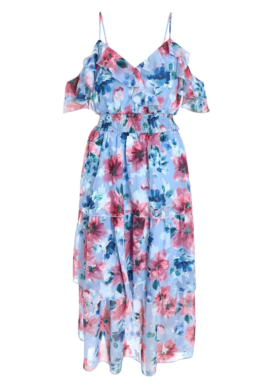 Quiz Blue Floral Chiffon Tiered Midi Dress