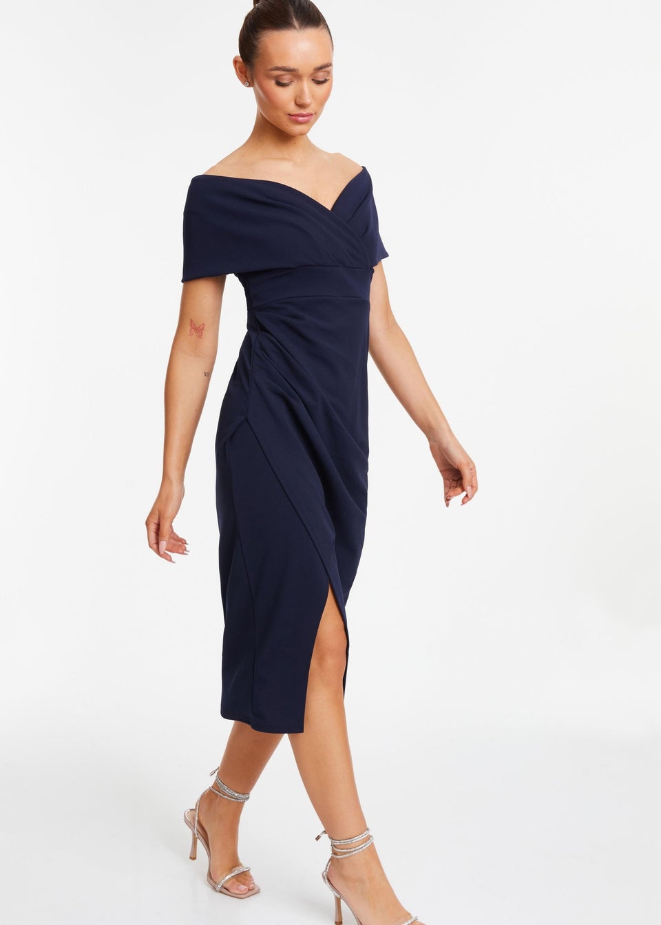 Quiz Blue Bardot Ruched Wrap Midi Dress
