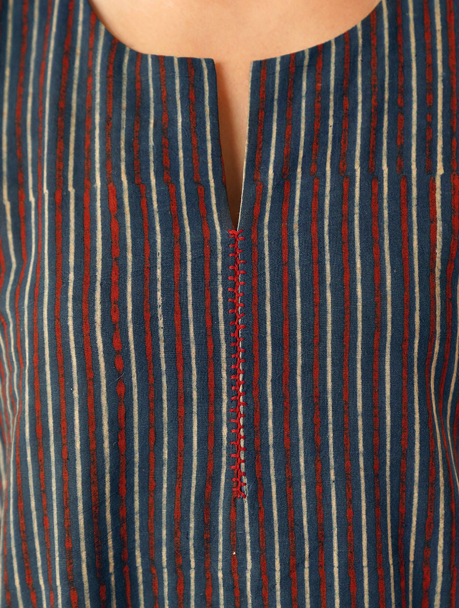 Women Indigo Blue Cotton Printed Round Neck Ajrakh Dress