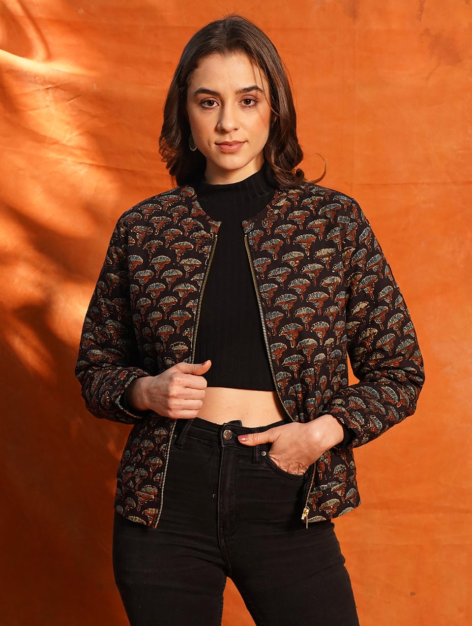 Women Multicolour Cotton Ajrakh Mandarin Collar Regular Fit Jacket