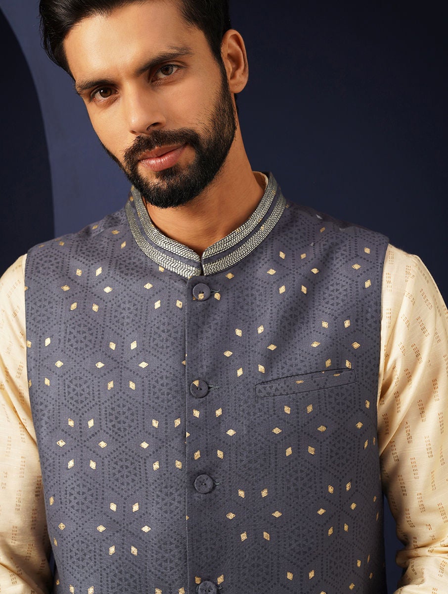 Men Navy Blue Silk Viscose Block Print Mandarin Collar Regular Fit Nehru Jacket