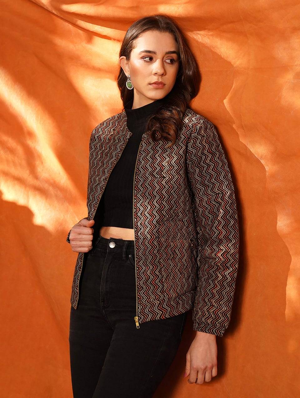 Women Multicolour Cotton Ajrakh Mandarin Collar Regular Fit Jacket