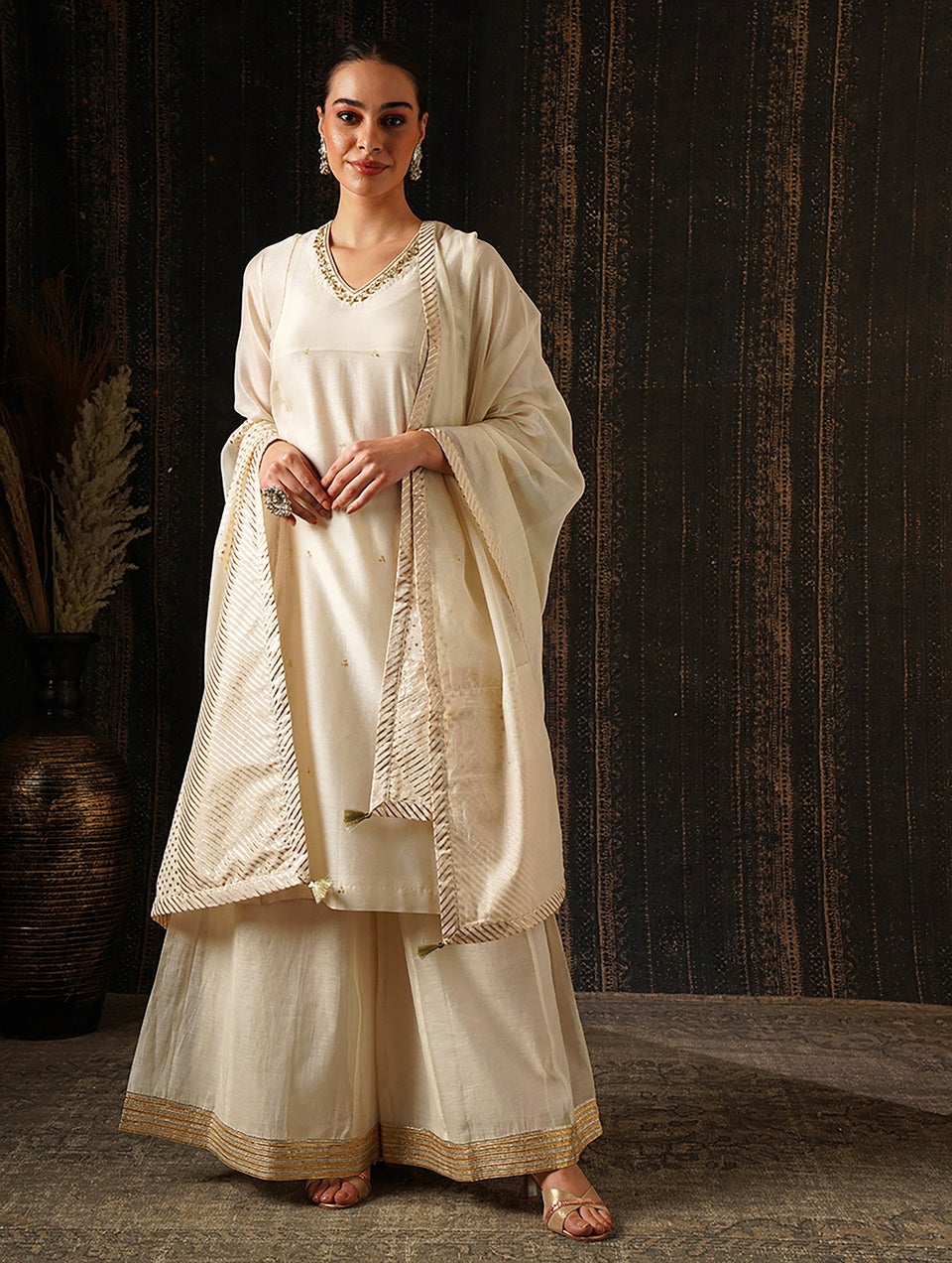 Women Off White Cream Embroidered V Neck A Line Kurta Palazzo Dupatta Jaypore US