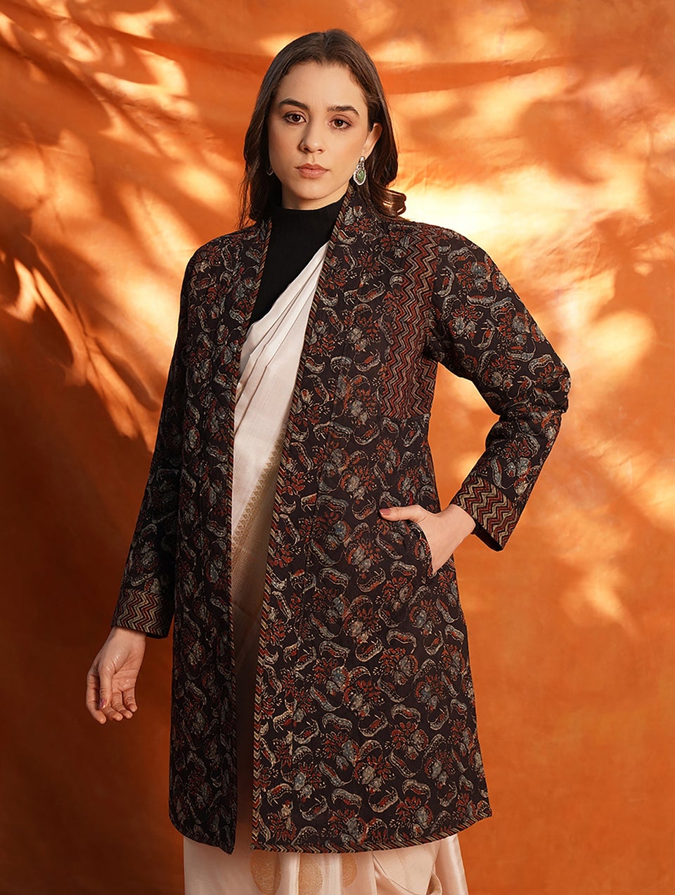 Women Multicolour Cotton Ajrakh Open Front Regular Fit Jacket