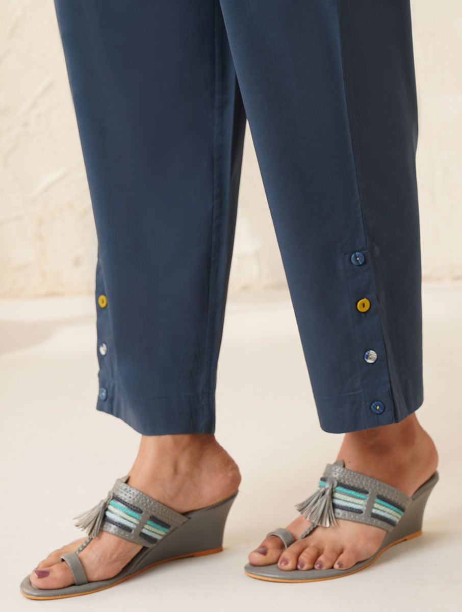 Women Blue Cotton Solid Ankle Length Regular Fit Pant