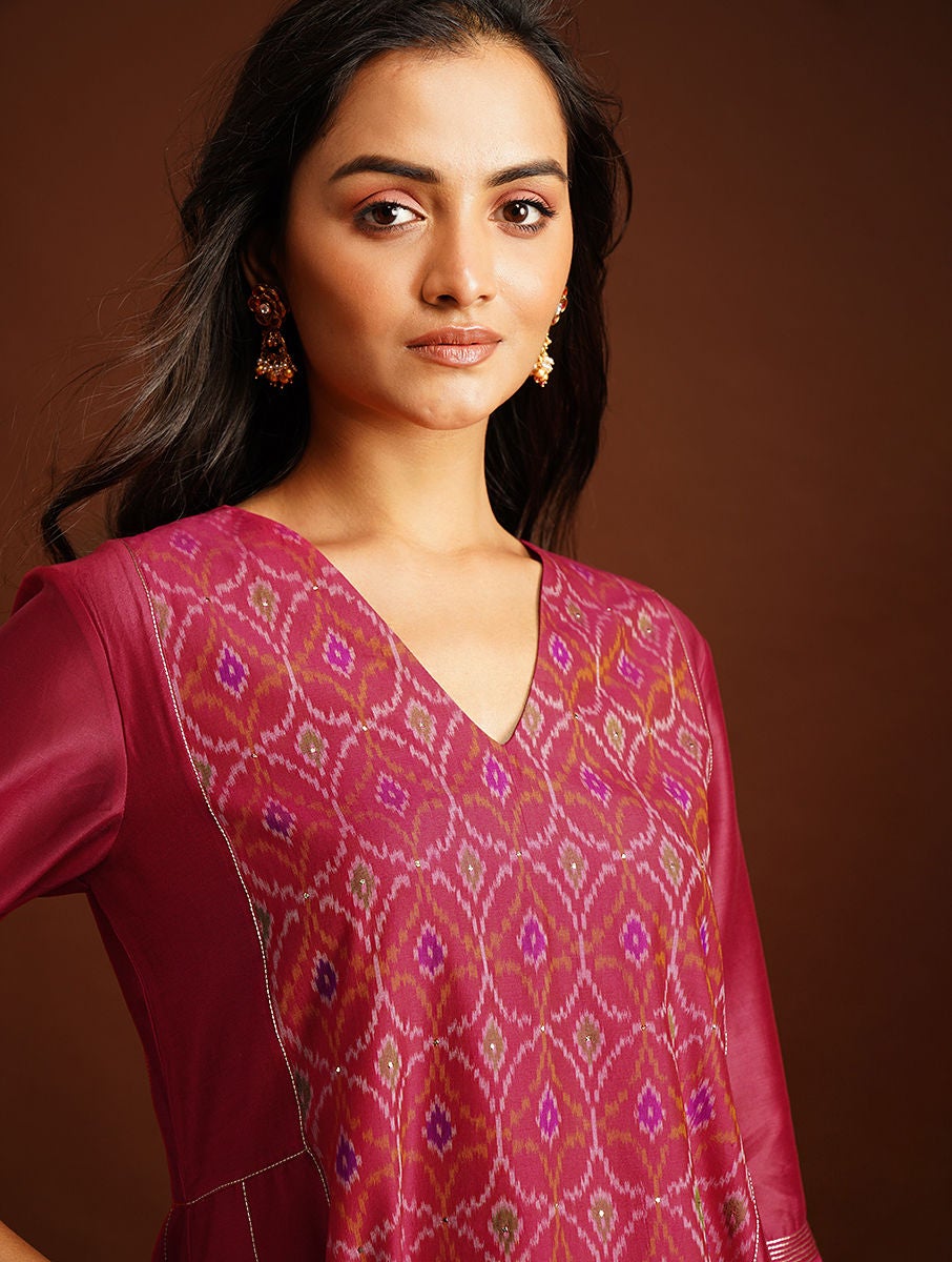 Women Pink Cotton Silk Hand Woven V Neck Flared Kurta