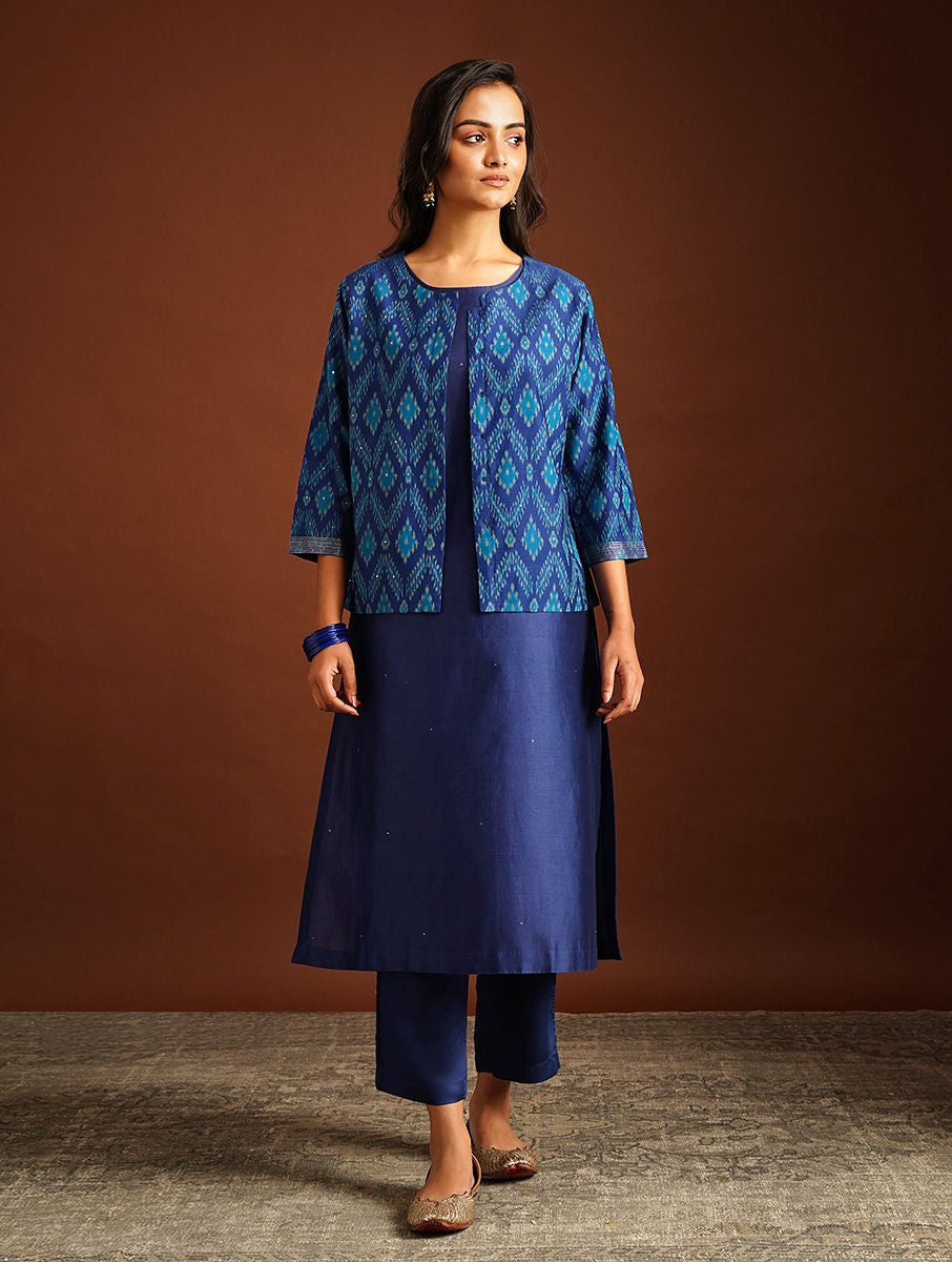 Women Blue Cotton Silk Ikat Round Neck Regular Fit Jacket