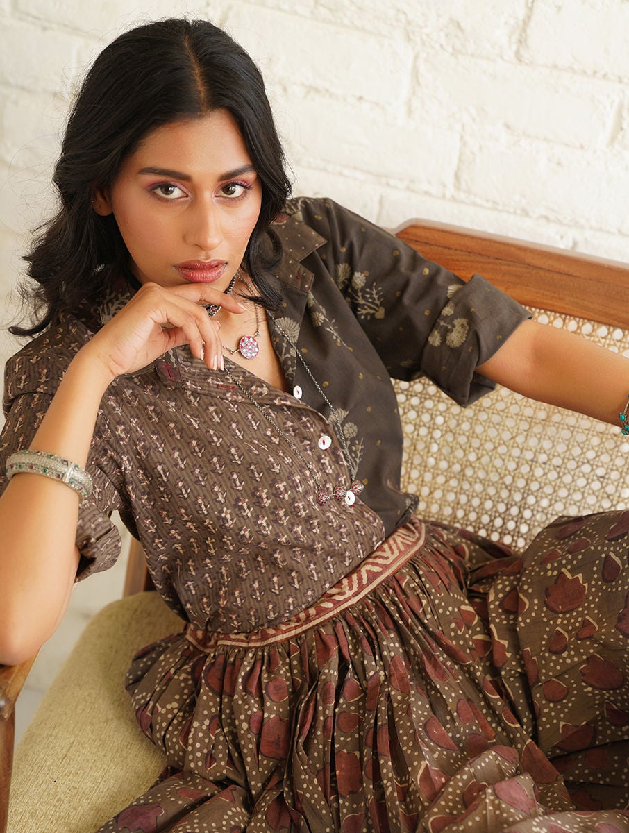 Women Brown Natural Dyed Dabu Cotton Shirt