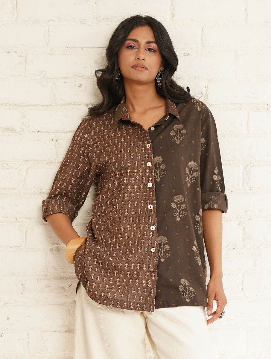 Women Brown Natural Dyed Dabu Cotton Shirt