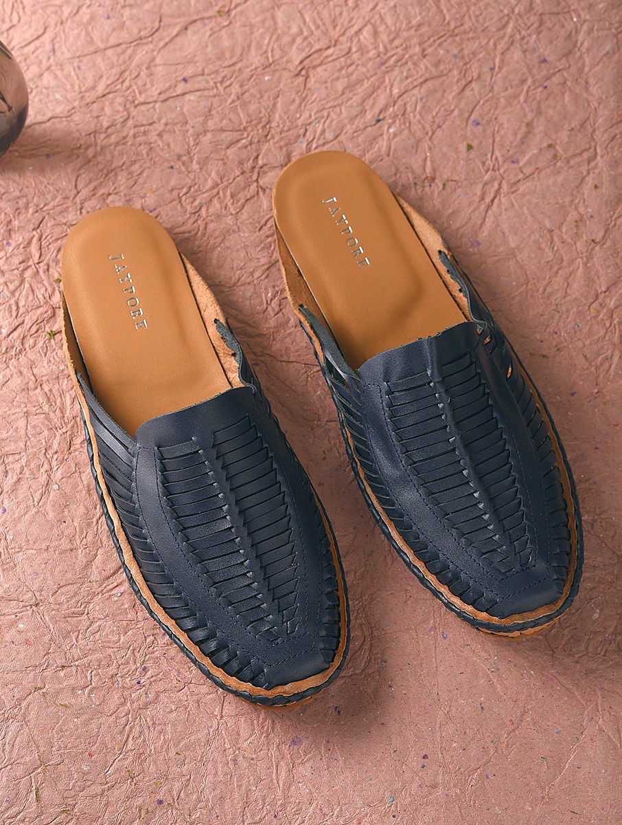 Men Navy Blue Handcrafted Genuine Leather Mules for Men