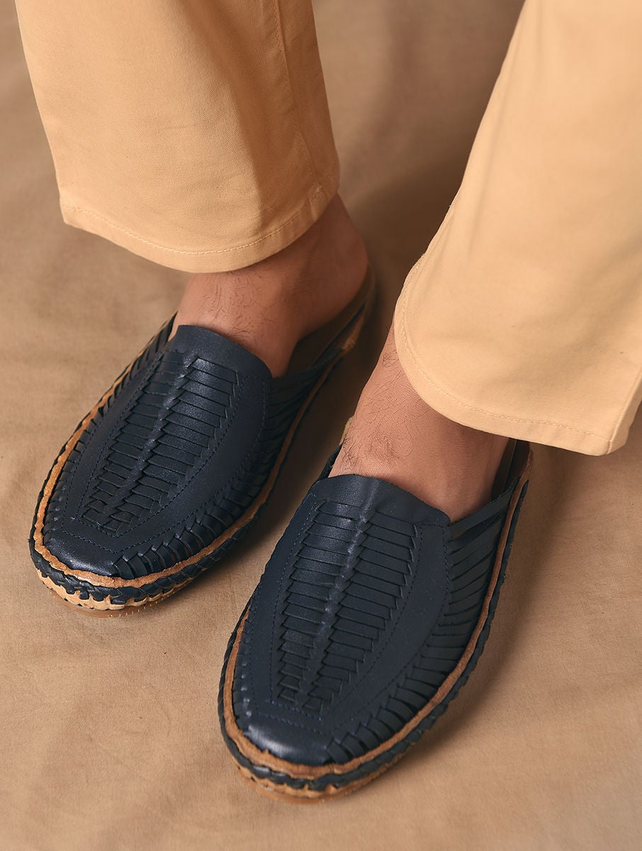 Men Navy Blue Handcrafted Genuine Leather Mules for Men