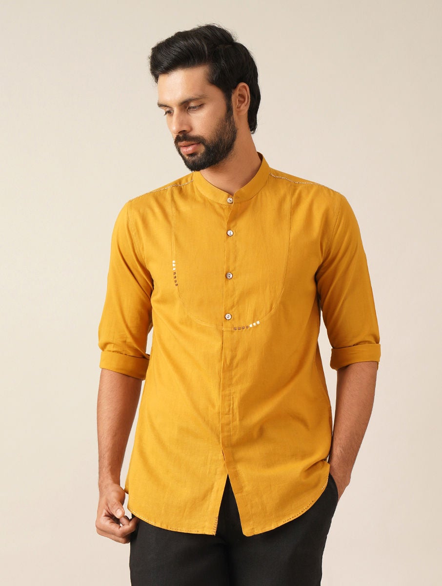 Men Mustard Yellow Cotton Embroidered Mandarin Collar Regular Fit Shirt