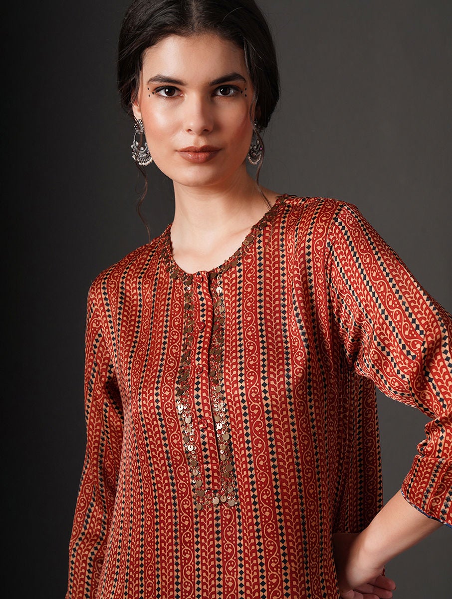 Women Red Modal Ajrakh Round Neck Regular Fit Kurta