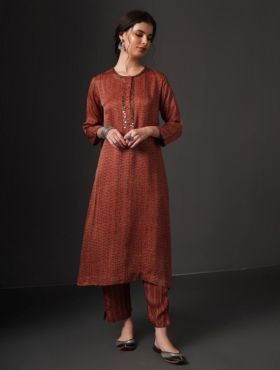 Women Red Modal Ajrakh Round Neck Regular Fit Kurta